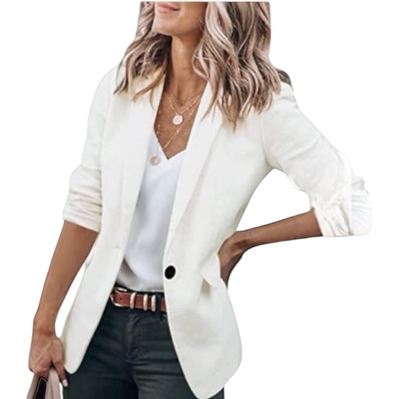 Open Front White Ruched Sleeve Single Button Hourglass Blazer Casual Size Large - Picture 1 of 15